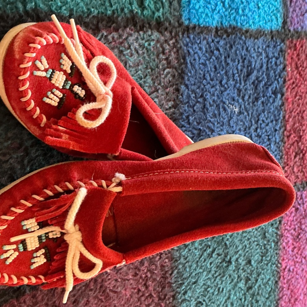 Minnetonka Red Moccasins with Cream Accents